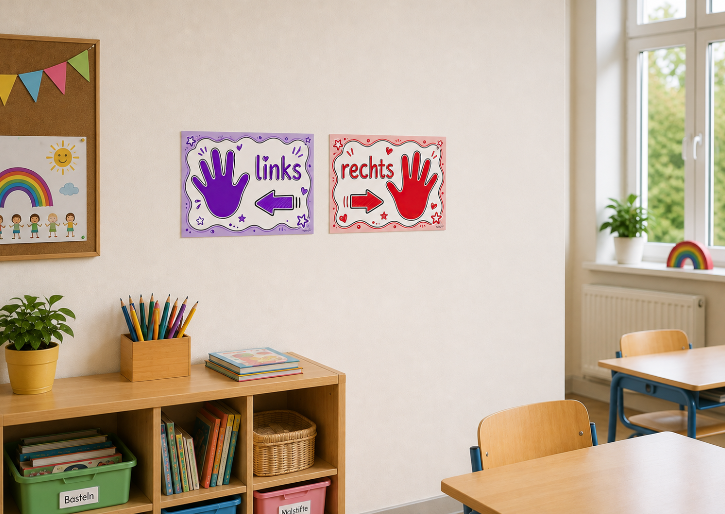 rechts links Schilder mit Handzeichen und Pfeilen für Grundschule zum Ausdrucken, A4 Formate