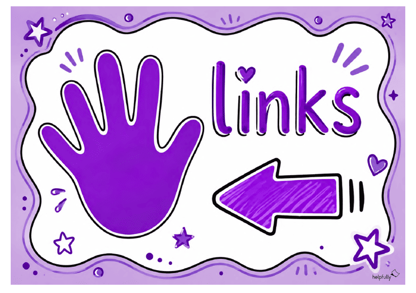 links: Schild mit Pfeil und Hand zum Ausdrucken (in lila wie links)