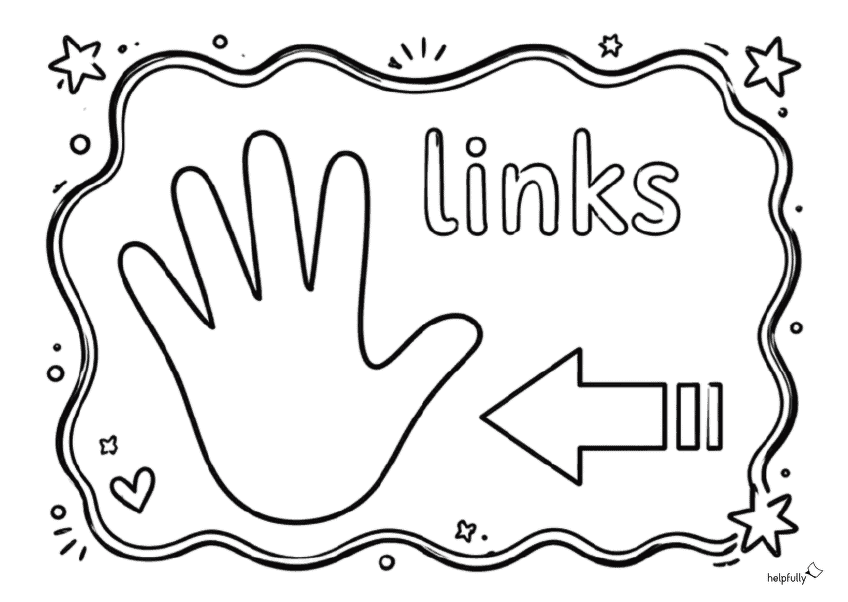 links: Schild mit Pfeil und Hand zum Ausdrucken (in schwarz-weiß)