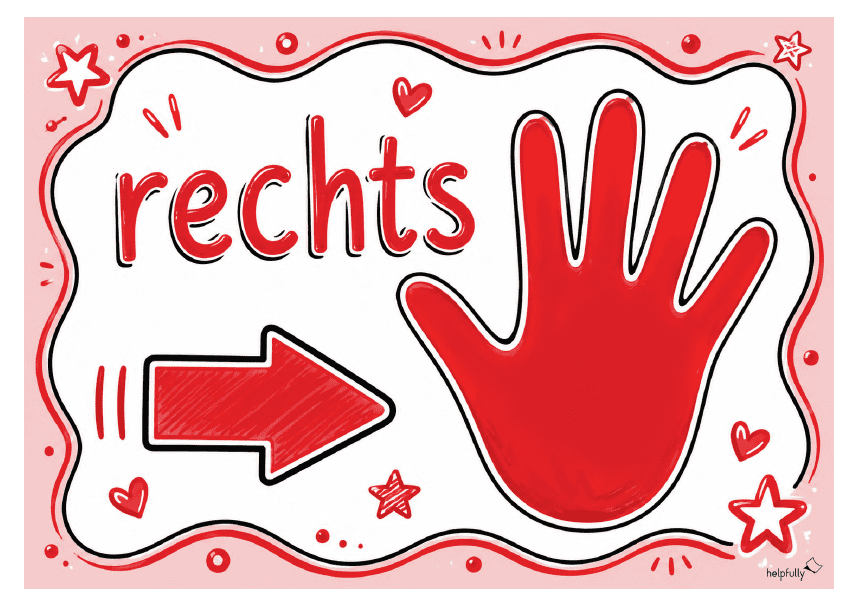 rechts: Schild mit Pfeil und Hand zum Ausdrucken (in rot wie rechts)
