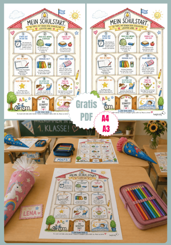 Schöne Idee zur Einschulung: Haus in Form einer Grundschule mit Tipps zum Schulstart als gratis PDF ausdrucken