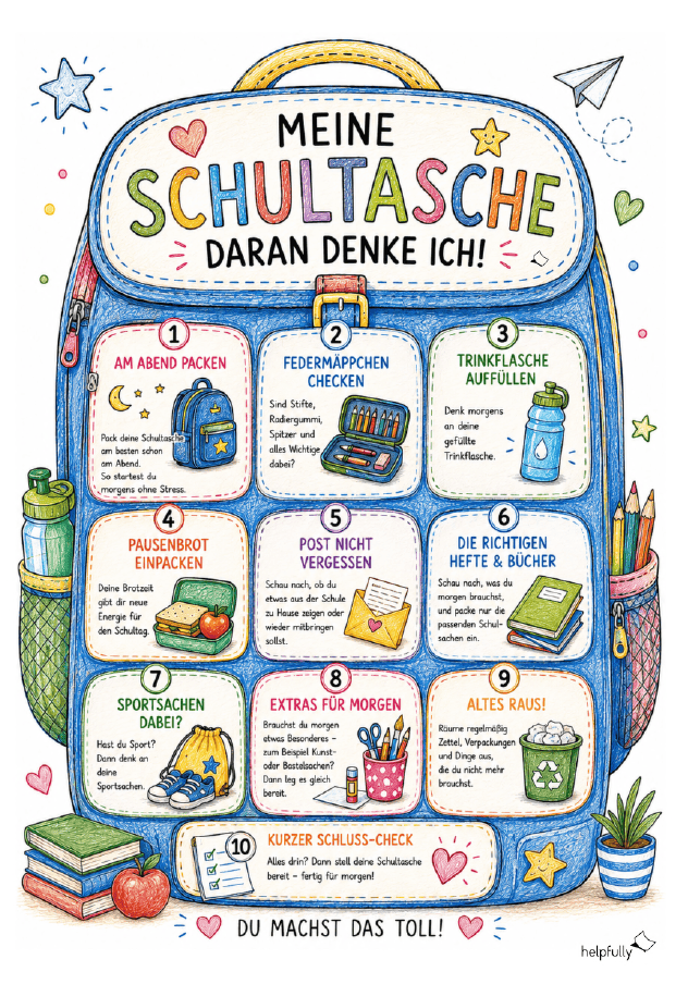 Tolle Idee zum Schulstart: Vorlage mit Tipps zum Schulranzen packen