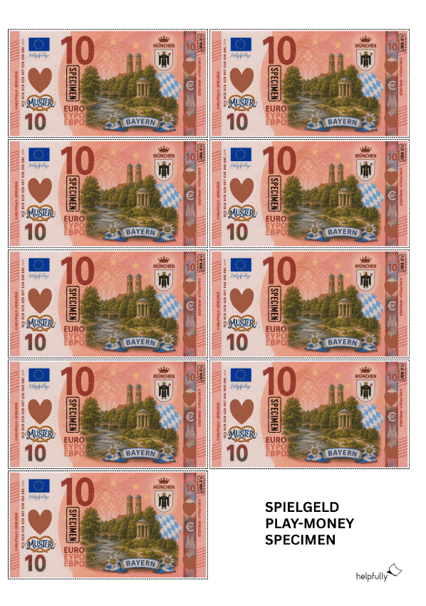 10 Euroschein als Spielgeld zum Ausdrucken -Banknoten mit München-Motiven als gratis PDF