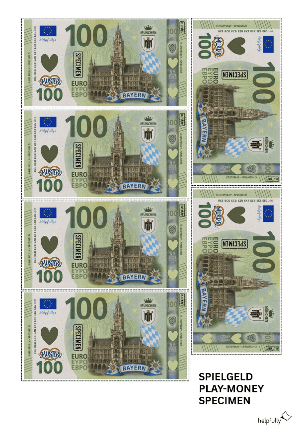 100 Euroschein als Spielgeld zum Ausdrucken -Banknoten mit München-Motiven als gratis PDF