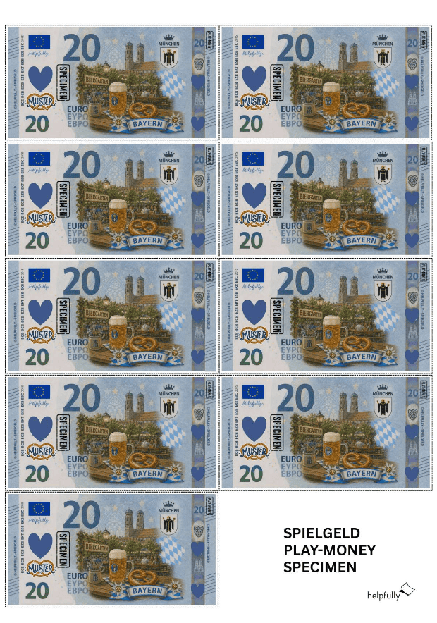 20 Euroschein als Spielgeld zum Ausdrucken -Banknoten mit München-Motiven als gratis PDF