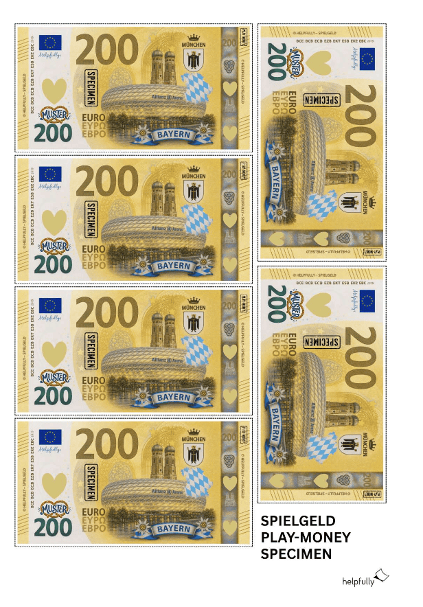 200 Euroschein als Spielgeld zum Ausdrucken -Banknoten mit München-Motiven als gratis PDF