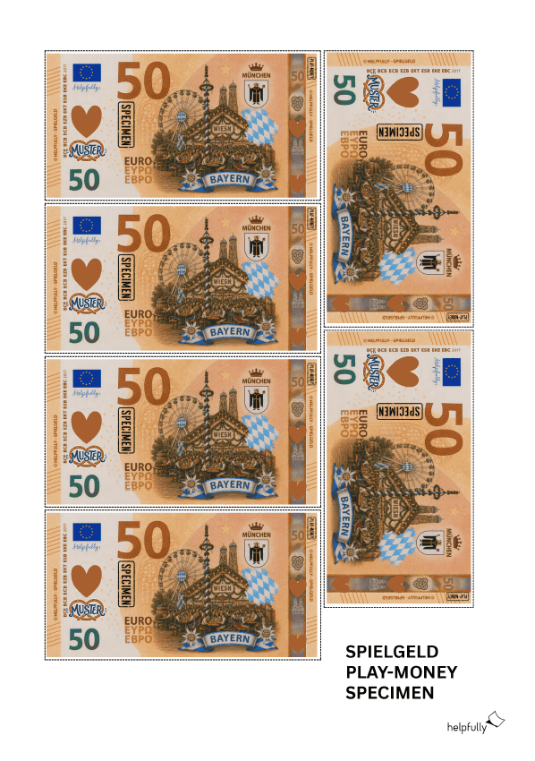 50 Euroschein als Spielgeld zum Ausdrucken -Banknoten mit München-Motiven als gratis PDF