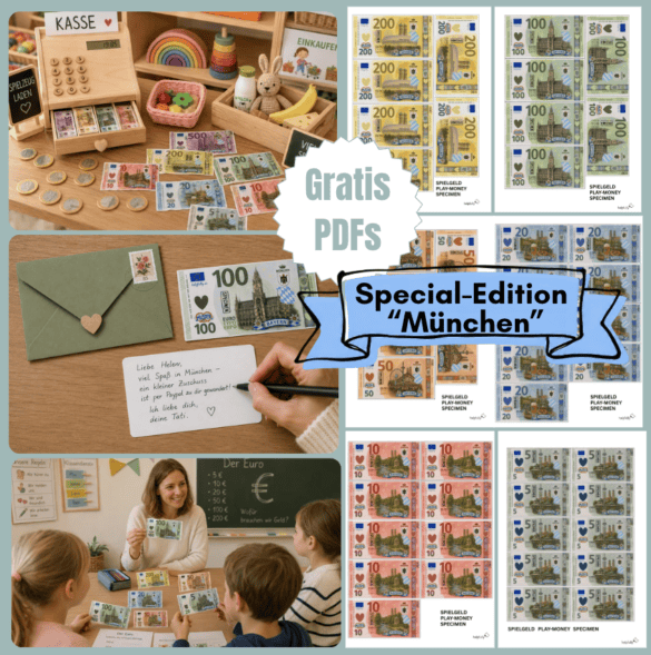 Spielgeld zum Ausdrucken mit München-Motiven als gratis PDF-Vorlagen