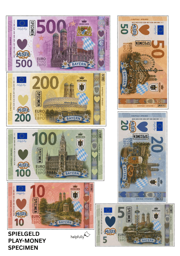 Euro-Spielgeld zum Ausdrucken -Banknoten mit München-Motiven als gratis PDF