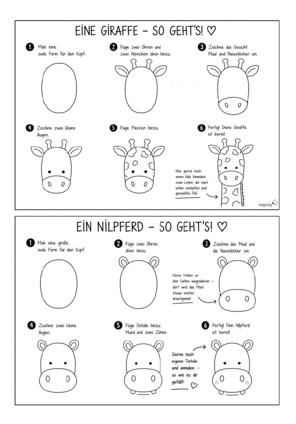 Tiere einfach zeichnen - mit der Schritt für Schritt Anleitung, hier Giraffe und Nipferdkopf
