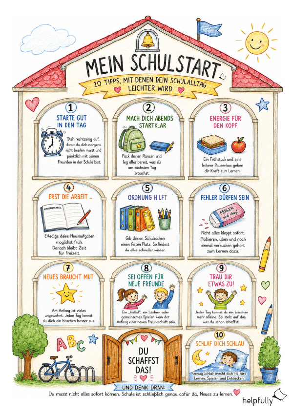 Tipps zum Schulstart für Kinder und Eltern - Tolle Vorlage mit Grundschule voller Ratschläge zum Ausdrucken