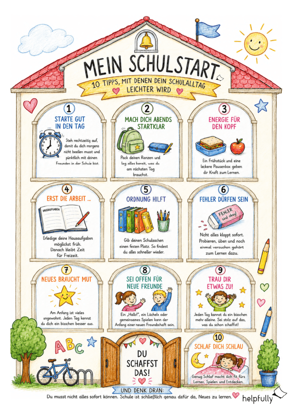 Einschulungsidee: Vorlage mit 10 Tipps zum Schulstart in Form einer Schule aufgebaut