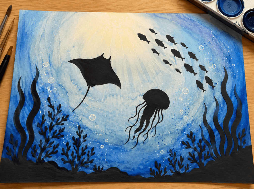 Schwarze Silhouetten Meeresmotive zum Ausdrucken und basteln von Unterwasserwelten