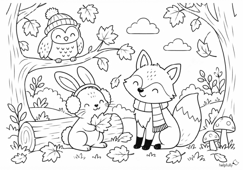 Fuchs und Hase im Wald - schönes Herbstbild zum Ausmalen