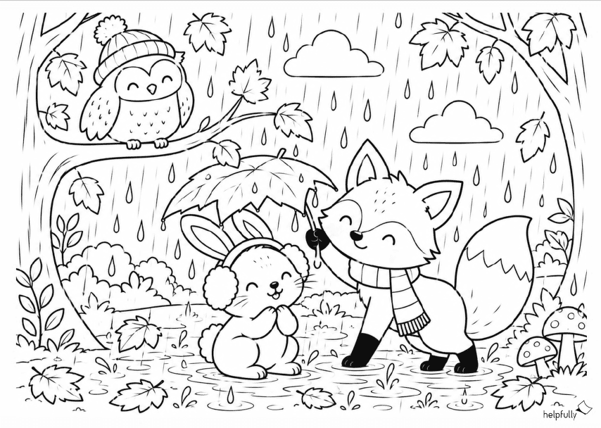 Fuchs und Hase im Wald bei Regen - schönes Herbstbild zum Ausmalen, auch im Winter