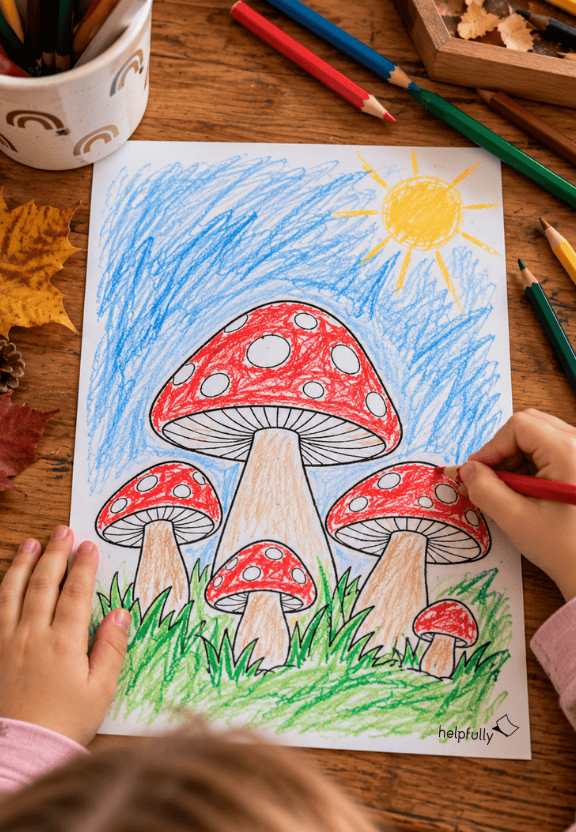 Einfaches Ausmalbild mit XL Fliegenpilzen für Kinder