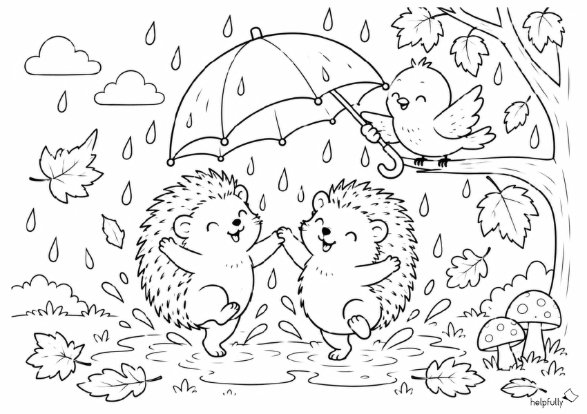 Zwei Igel im Regen tanzend - süßes Ausmalbild für den Herbst