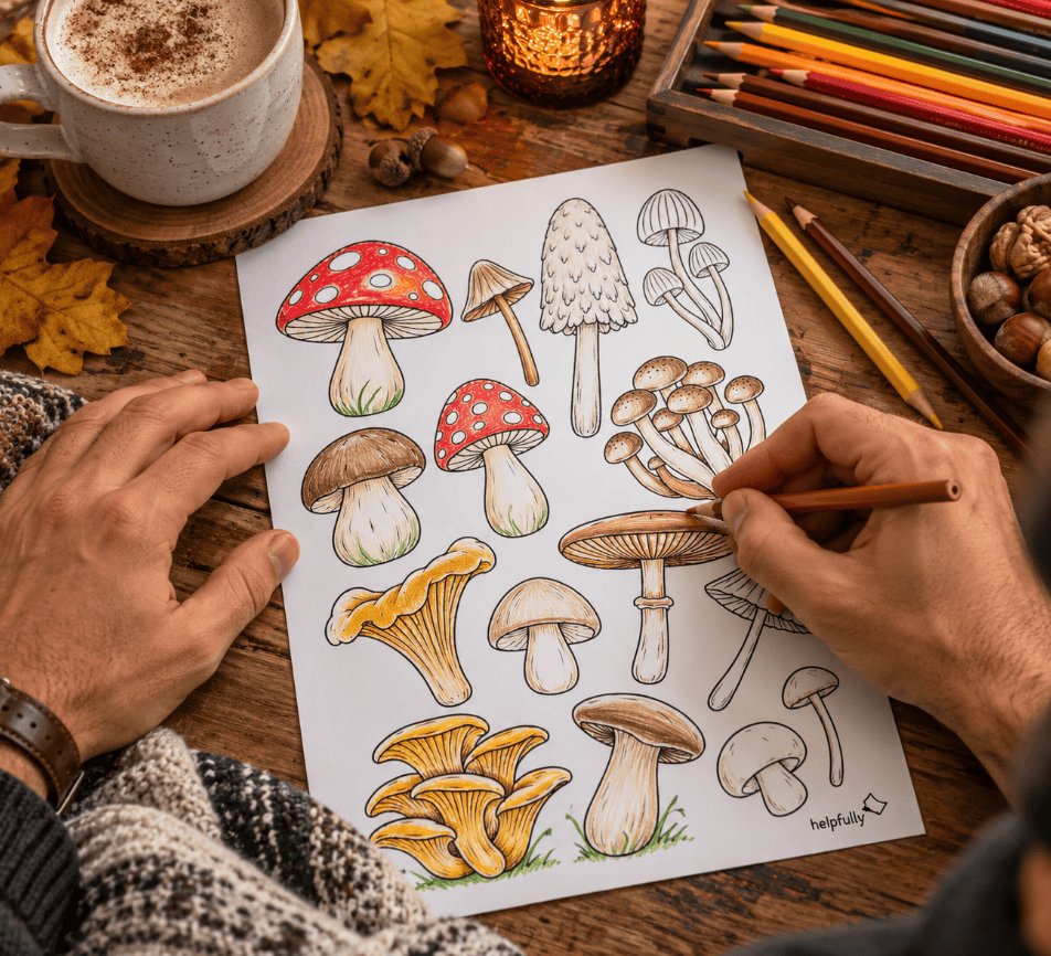 Tolles Herbst-Ausmalbild für Erwachsene - die detaillierten Pilze