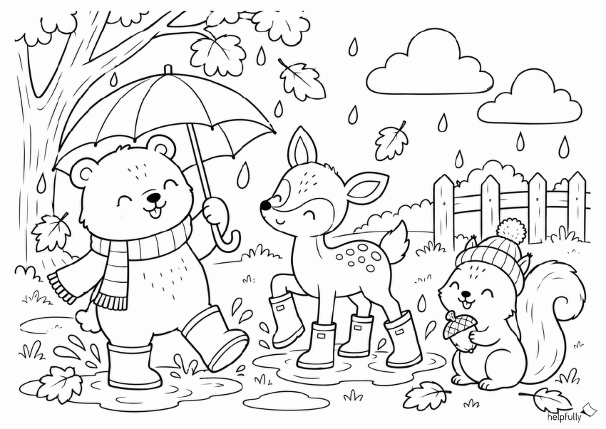 Bär, Reh und Eichhörnchen im Regen - schöne Malvorlage für den Herbst