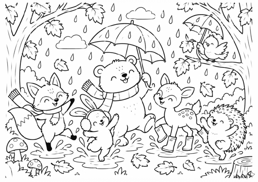 Tanzende Waldtiere im Regen - schöne Malvorlage für die Herbstzeit