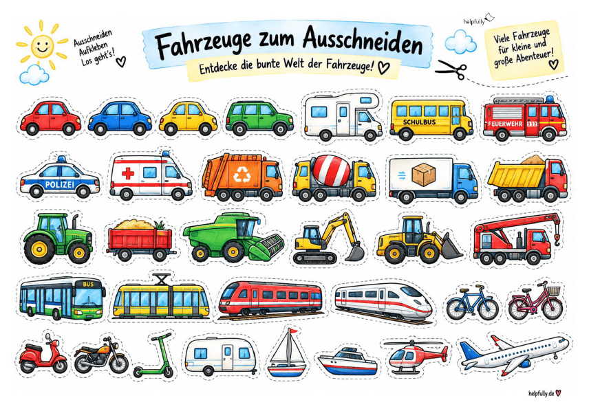 Ausschneidevorlage Fahrzeuge zum Ausdrucken, Kleben und Basteln als gratis PDF