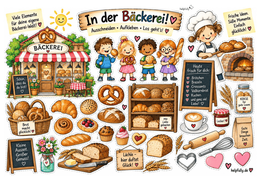 Ausschneidevorlage Bäckerei zum Ausdrucken, Kleben und Basteln als gratis PDF