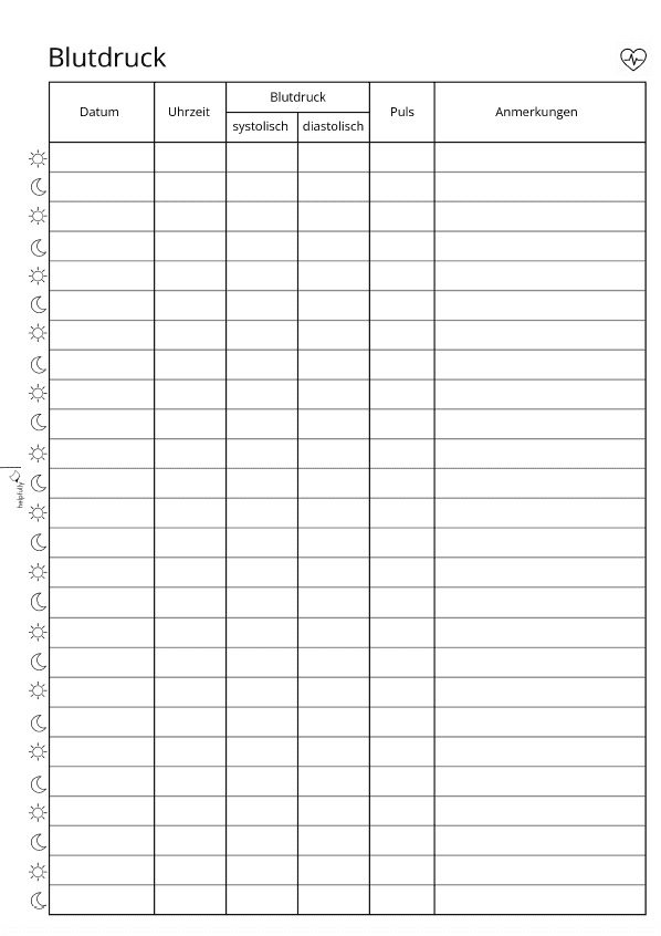 Einfache Blutdrucktabelle mit Icons Sonne/Mond zum Ausdrucken als kostenlose Vorlage