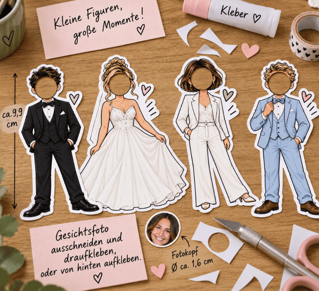 Hochzeitsidee zum Basteln: Brautpaar FIguren aus Papier zum Bekleben mit eigenen Fotos