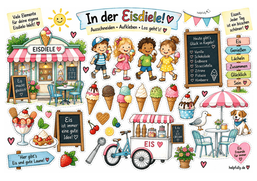 Ausschneidevorlage Eisdiele zum Ausdrucken, Kleben und Basteln als gratis PDF