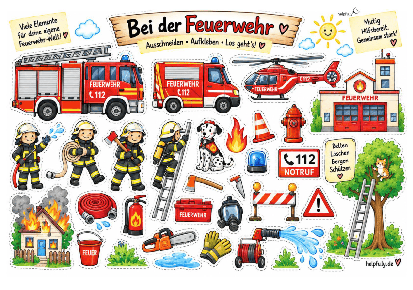 Ausschneidevorlage Feuerwehr zum Ausdrucken, Kleben und Basteln als gratis PDF