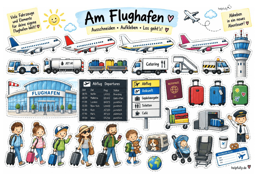 Ausschneidevorlage Flughafen zum Ausdrucken, Kleben und Basteln als gratis PDF