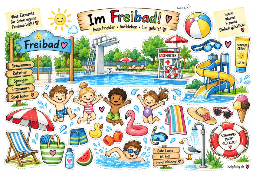 Ausschneidevorlage Freibad zum Ausdrucken, Kleben und Basteln als gratis PDF