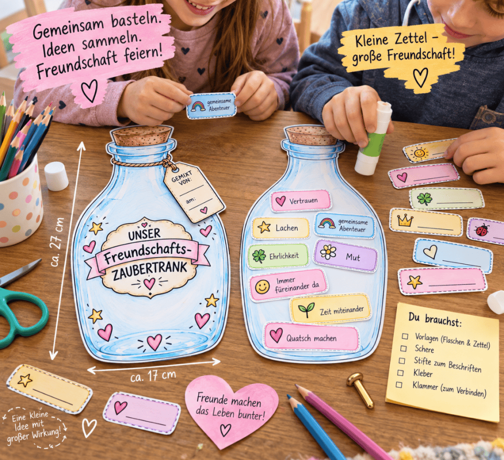 Thema Freundschaft: Bastelidee für Kinder, tolle Zaubertrankflasche zum Ausdrucken und Bekleben