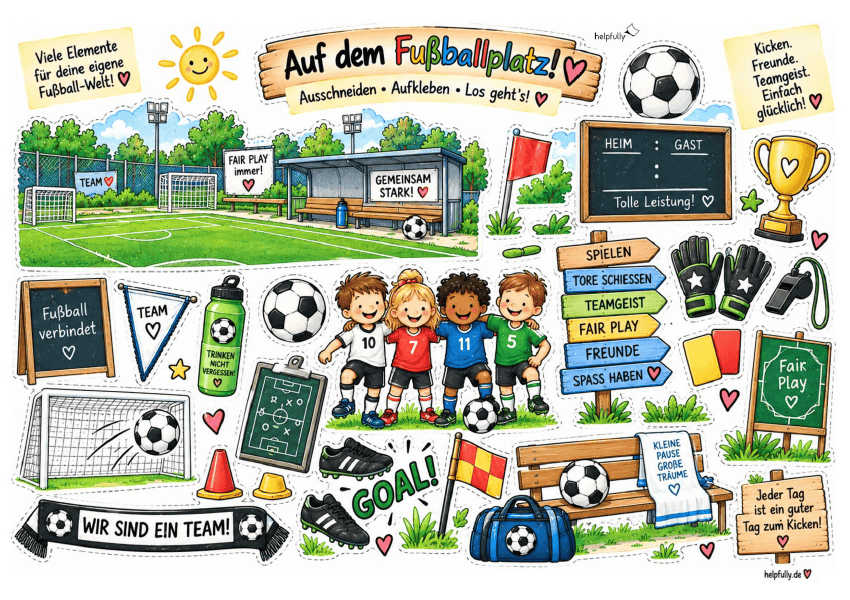 Ausschneidevorlage Fußballplatz zum Ausdrucken, Kleben und Basteln als gratis PDF