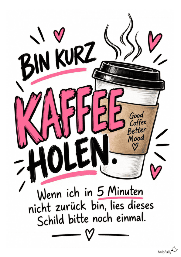 Cooles Bin gleich zurück Schild zum Ausdrucken als gratis Vorlage "Kaffee holen"
