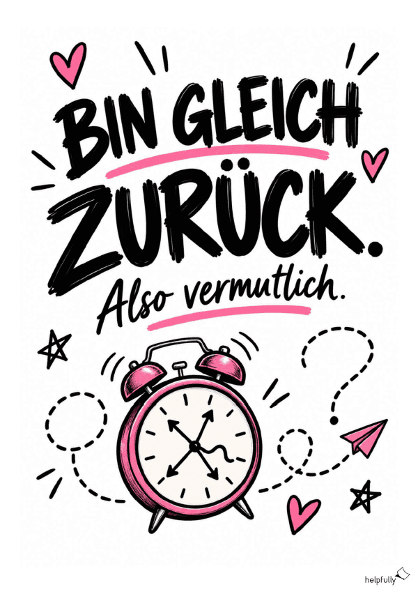 Cooles Bin gleich zurück Schild zum Ausdrucken als gratis Vorlage "Also vermutlich"