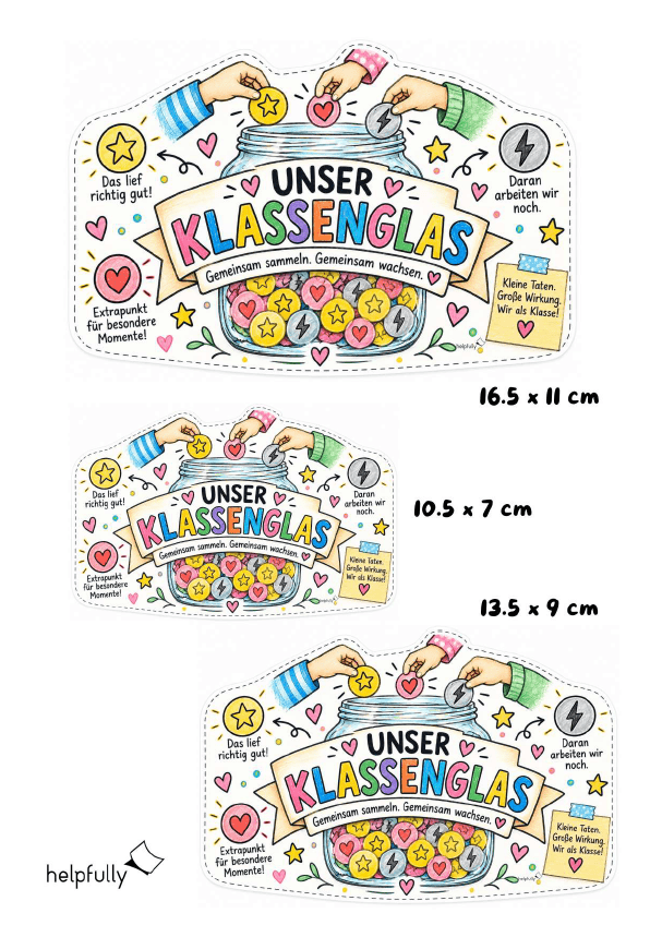 Belohnsystem mit Klassenglas-Vorlage, hier in verschiedenen Größen als Etiketten zum Ausdrucken
