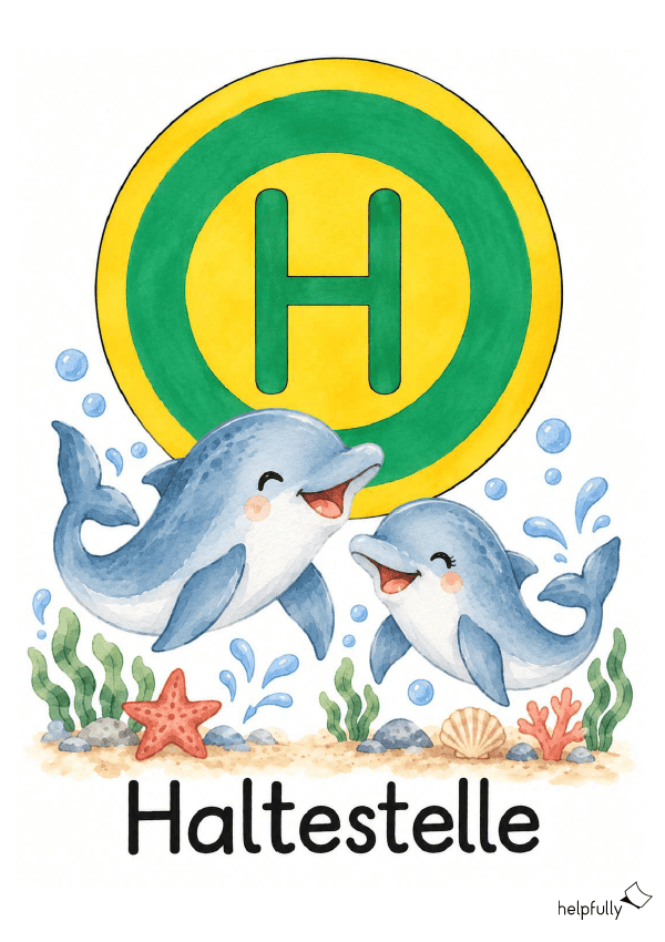 Haltestelle-Schild mit Delfinen für die Grundschule zum Ausdrucken als A4, gratis PDF