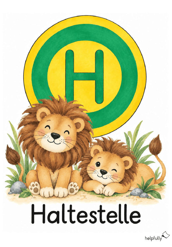 Haltestelle-Schild mit Löwen für die Grundschule zum Ausdrucken als A4, gratis PDF