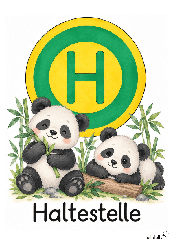 Haltestelle-Schild mit Pandas für die Grundschule zum Ausdrucken als A4, gratis PDF