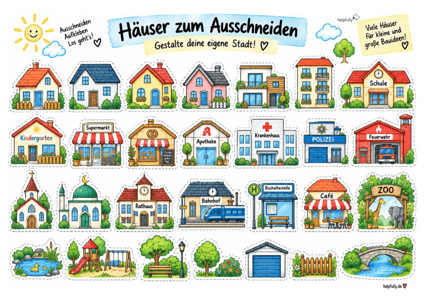 Ausschneidevorlage Häuser zum Ausdrucken, Kleben und Basteln als gratis PDF