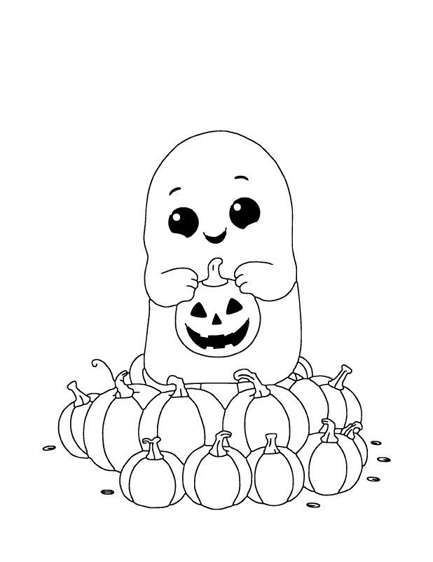 Gespenst mit Kürbis - Halloween Ausmalbild als einfache Vorlage für Kinder
