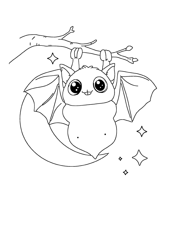 Fledermaus am Ast - Halloween Ausmalbild als einfache Vorlage für Kinder