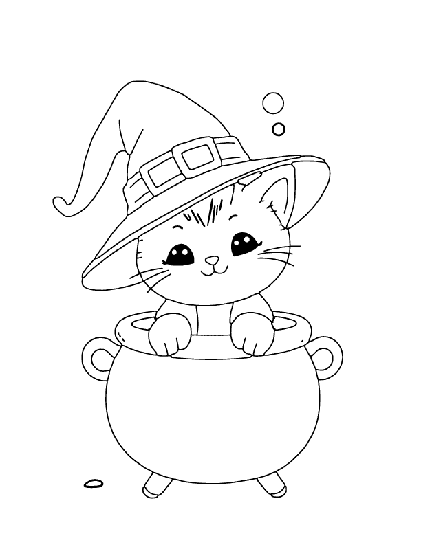 Katze mit Zauberhut und Hexenkessel - Halloween Ausmalbild als einfache Vorlage für Kinder