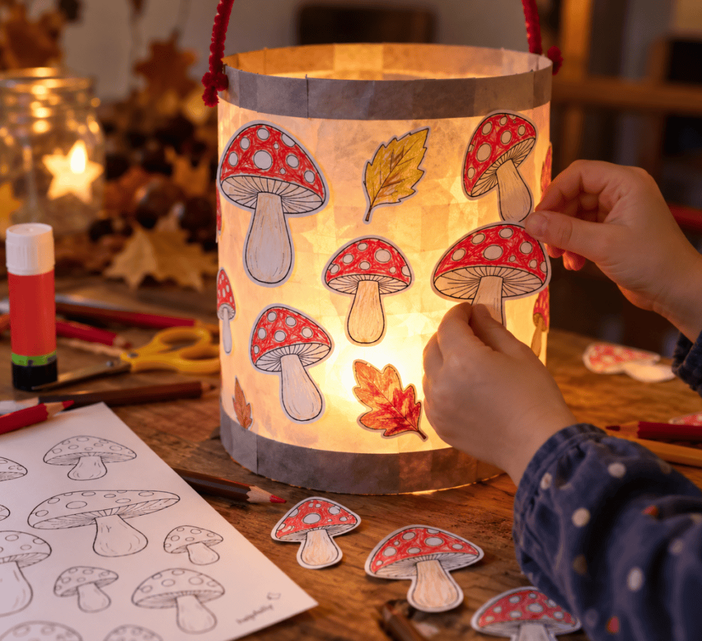 Laternenbasteln für Kinder mit den Fliegenpilzen zum Ausdrucken