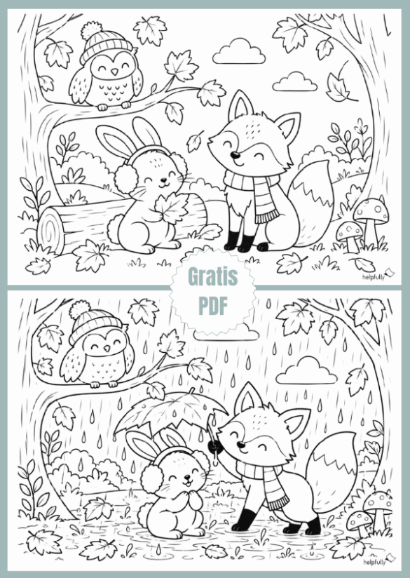 Ausmalbilder zum Herbst mit Fuchs und Hase, die Freunde sind!