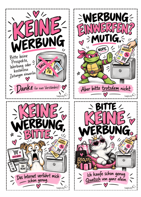 "Keine Werbung" Schilder als gratis PDF zum Ausdrucken mit lustigen Sprüchen und coolen Designs