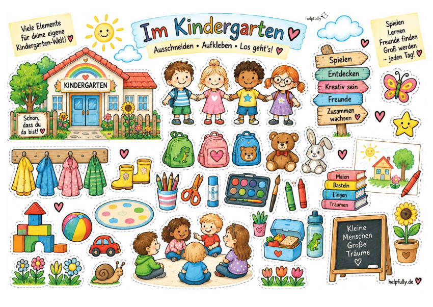 Ausschneidevorlage Kindergarten zum Ausdrucken, Kleben und Basteln als gratis PDF