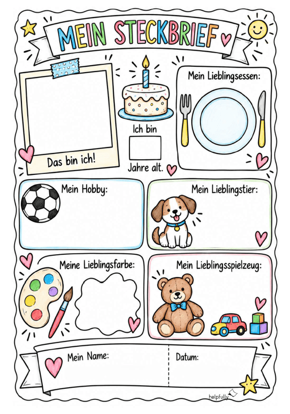 Steckbrief mit einfachen Symbolen für Kleinkinder und Grundschule als bunte Vorlage