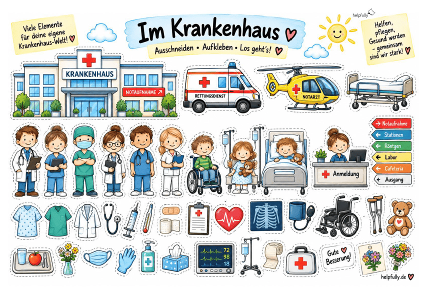 Ausschneidevorlage Krankenhaus zum Ausdrucken, Kleben und Basteln als gratis PDF